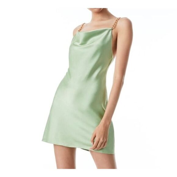 Alice + Olivia Harmony Chain Drapey Mini Slip Dress Seafoam Gold 10 - Picture 7 of 8